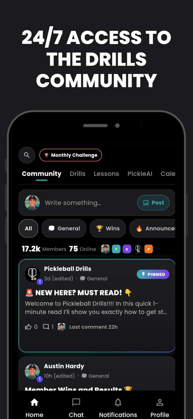 Community tab in the Pickleball Drills app