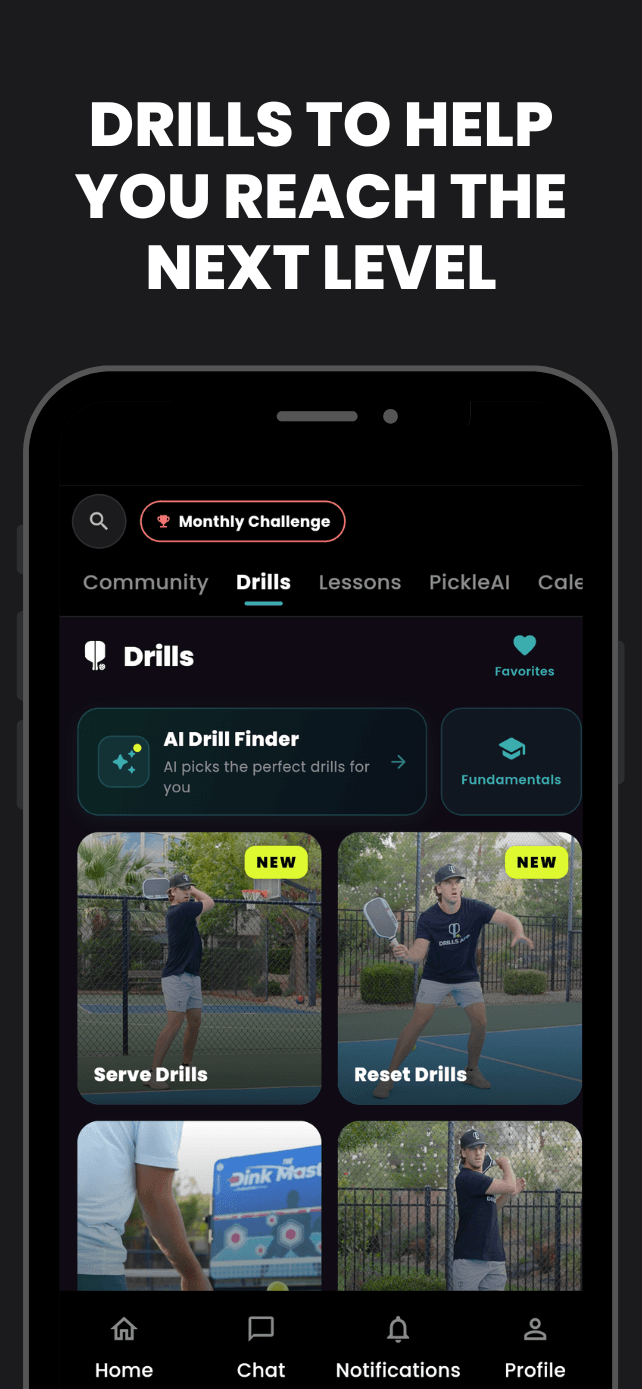 Drills tab with AI Drill Finder in the Pickleball Drills app