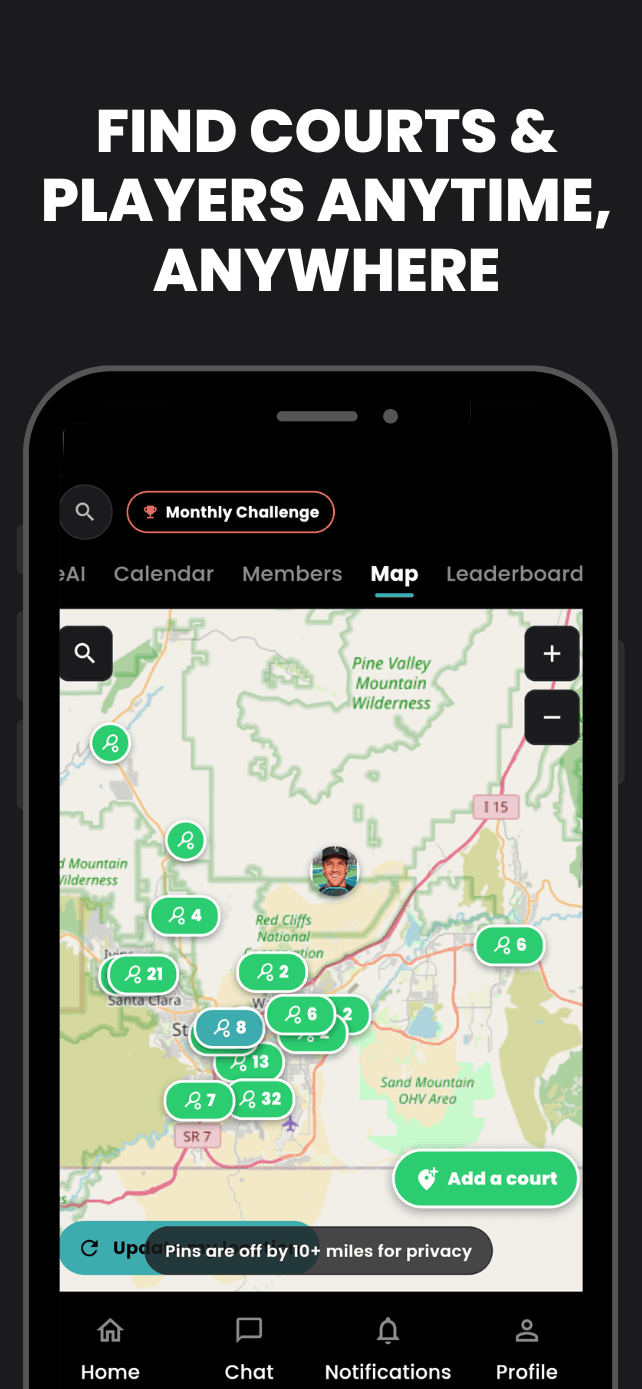 Court finder map showing nearby pickleball courts